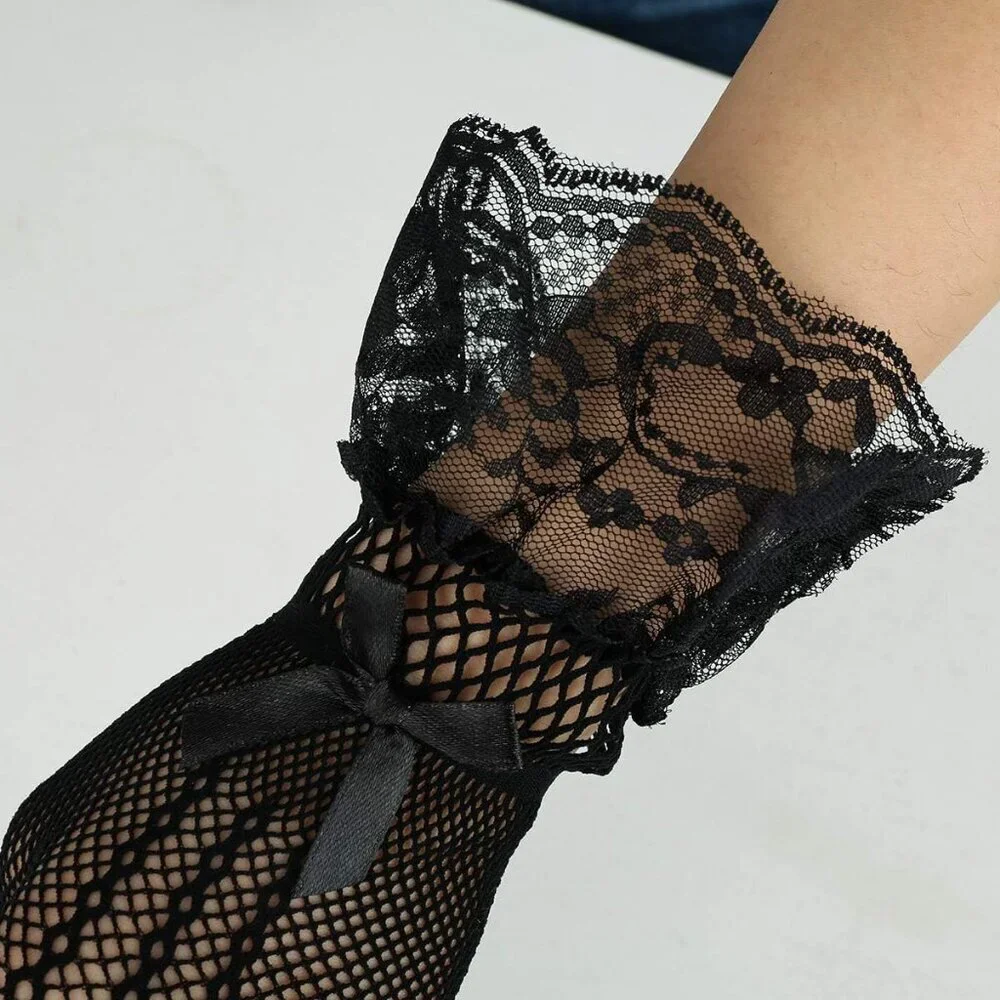 Women's B-Black Bow Lace Elegant Wrist Gloves Ruffle Bridal Wedding Party Prom